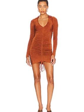 NWT Superdown Revolve Brown Rust Ruched Long Sleeve Mini Dress Sz XS